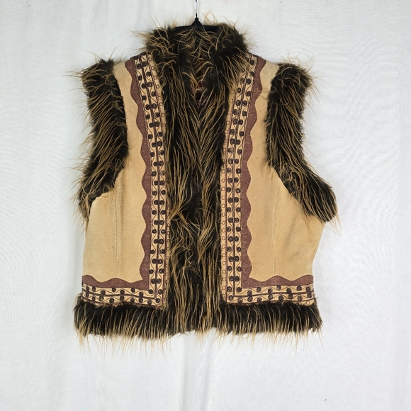 Vintage Y2K Womens Large - Medium Leather Faux Fur Brown Hippy Boho Vest - Picture 1 of 8